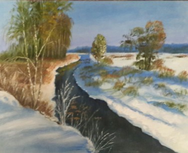 Painting titled "Первый снег." by Tatiana Abramova, Original Artwork, Oil Mounted on Wood Panel