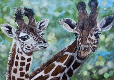 Schilderij getiteld "Small giraffe" door Tatiana Brester, Origineel Kunstwerk, Olie
