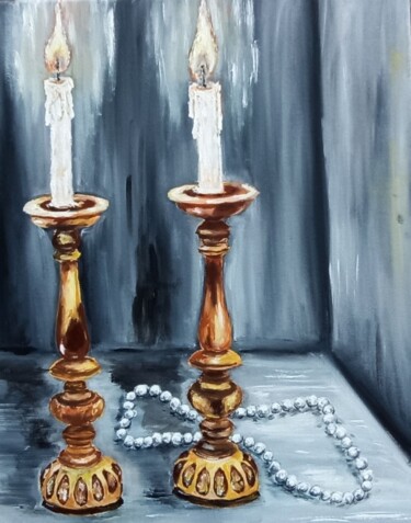 Painting titled "Amber and pearls" by Tatiana Brester, Original Artwork, Oil