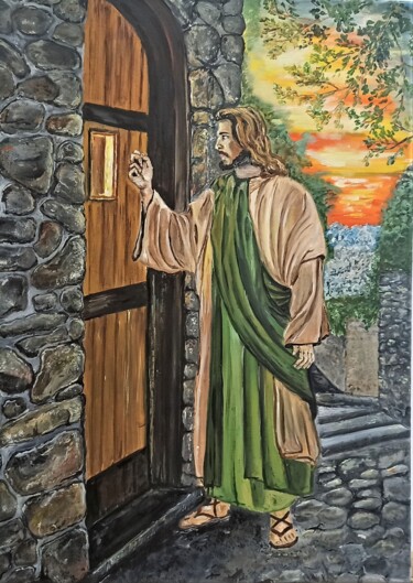 Malerei mit dem Titel "Jesus came to supper" von Tatiana Brester, Original-Kunstwerk, Öl Auf Keilrahmen aus Holz montiert