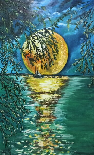Painting titled "The Moon in Love" by Tatiana Brester, Original Artwork, Oil Mounted on Wood Stretcher frame