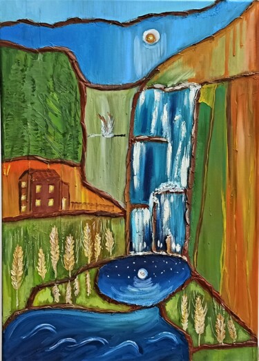 Painting titled "Waterfall House" by Tatiana Brester, Original Artwork, Oil Mounted on Wood Stretcher frame