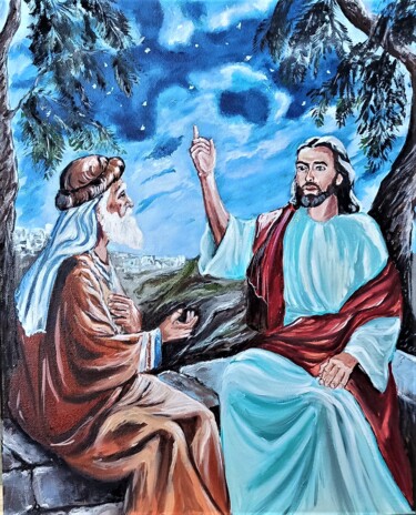 Painting titled "Jesus and Nicodemus" by Tatiana Brester, Original Artwork, Oil Mounted on Wood Stretcher frame