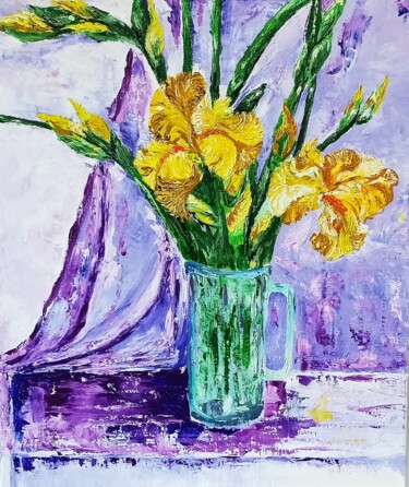 Painting titled "IRISES" by Tatiana Brester, Original Artwork, Oil Mounted on Wood Stretcher frame
