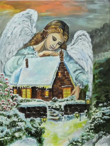 Painting titled "Guardian Angel" by Tatiana Brester, Original Artwork, Scratchboard