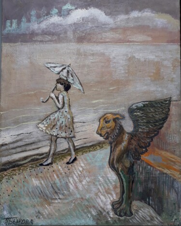 Painting titled ""Walk under the rai…" by Tatiana Bykova, Original Artwork, Oil