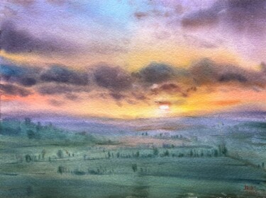 Peinture intitulée "Sunset in Portugal" par Tatiana Bykova, Œuvre d'art originale, Aquarelle