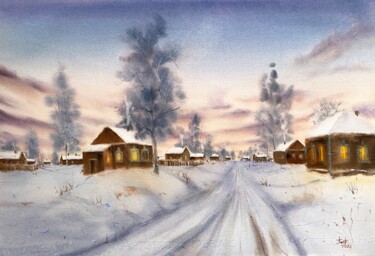 Pittura intitolato "Winter evening in v…" da Tatiana Bykova, Opera d'arte originale, Acquarello