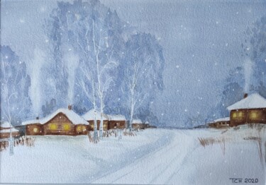 Картина под названием "Зима в деревне" - Tatiana Chernetsova, Подлинное произведение искусства, Акварель