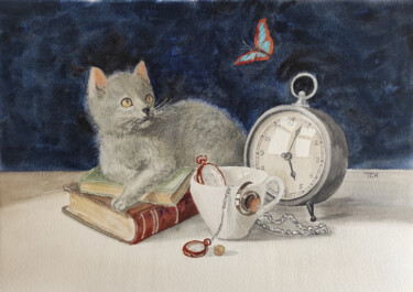 Peinture intitulée "Котёнок и часы / Ki…" par Tatiana Chernetsova, Œuvre d'art originale, Aquarelle