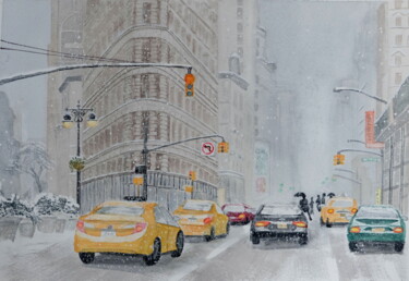 Peinture intitulée "Snow in New York" par Tatiana Chernetsova, Œuvre d'art originale, Aquarelle