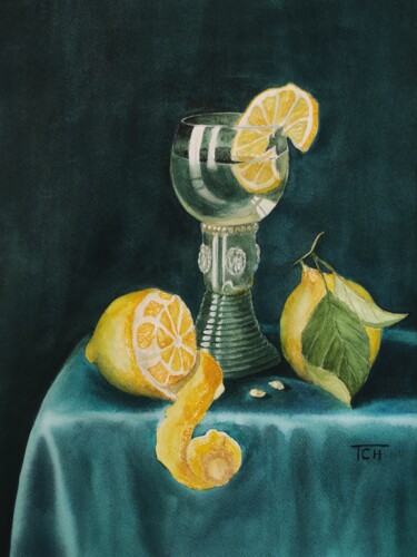 Malerei mit dem Titel "Натюрморт с лимонами" von Tatiana Chernetsova, Original-Kunstwerk, Aquarell