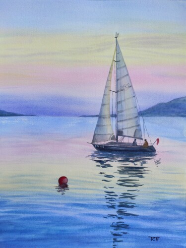 Pintura intitulada "Barca a vela al tra…" por Tatiana Chernetsova, Obras de arte originais, Aquarela