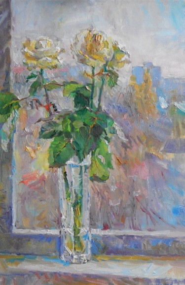 Painting titled ""White Rose"" by Tatiana Didenko, Original Artwork, Oil