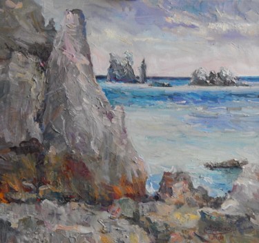 Painting titled ""Rocks at sunset in…" by Tatiana Didenko, Original Artwork, Oil