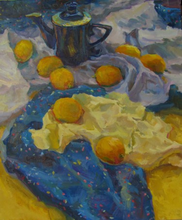 Painting titled ""Lemons and blue te…" by Tatiana Didenko, Original Artwork, Oil