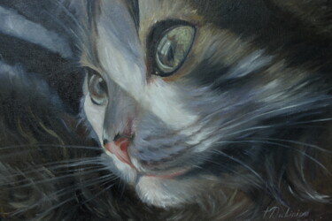 Painting titled "Kitten in sun glare" by Tatiana Dubinina, Original Artwork, Oil