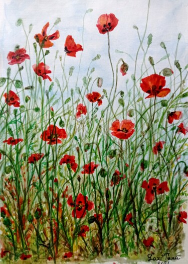 Рисунок под названием "Poppies" - Tatiana Fox'Tena, Подлинное произведение искусства, Акварель