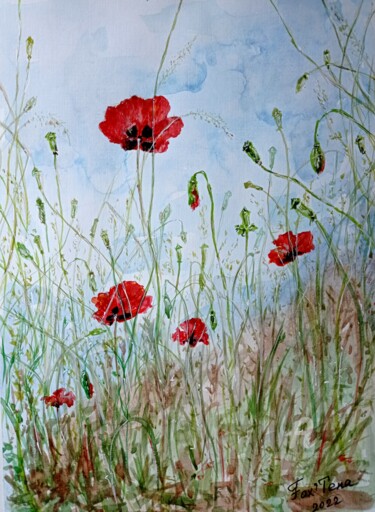 Rysunek zatytułowany „Poppies #1” autorstwa Tatiana Fox'Tena, Oryginalna praca, Akwarela