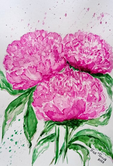 Рисунок под названием "Peonies #3" - Tatiana Fox'Tena, Подлинное произведение искусства, Акварель