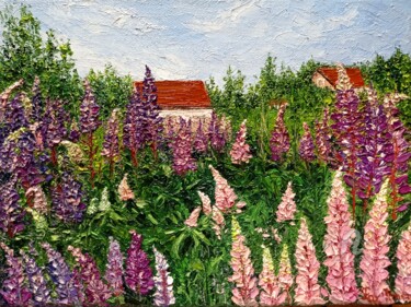 Painting titled "Lupine mood" by Tatiana Fox'Tena, Original Artwork, Oil Mounted on Wood Stretcher frame
