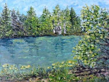 Painting titled "Pond" by Tatiana Fox'Tena, Original Artwork, Oil Mounted on Wood Stretcher frame