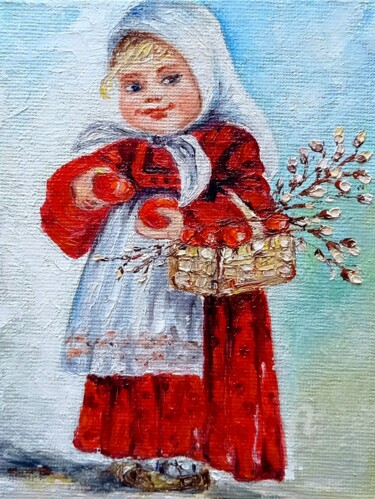 Painting titled "Girl with a basket" by Tatiana Fox'Tena, Original Artwork, Oil
