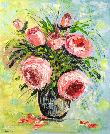 Painting titled "Pink Roses" by Tatiana Gomzina, Original Artwork, Acrylic