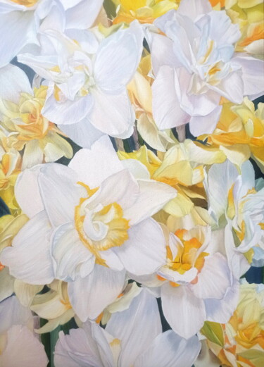 Schilderij getiteld "Solar daffodils" door Tatiana Gorgalyk, Origineel Kunstwerk, Olie