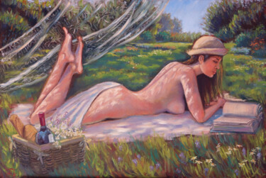 Painting titled "In the Shade of Tre…" by Tatiana Gracheva, Original Artwork, Oil Mounted on Wood Stretcher frame