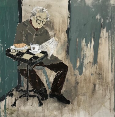 Schilderij getiteld "Coffee with news" door Tatiana Harizanova, Origineel Kunstwerk, Olie