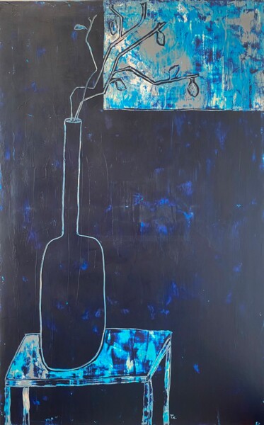 Painting titled "Blue vase" by Tatiana Harizanova, Original Artwork, Oil Mounted on Wood Stretcher frame
