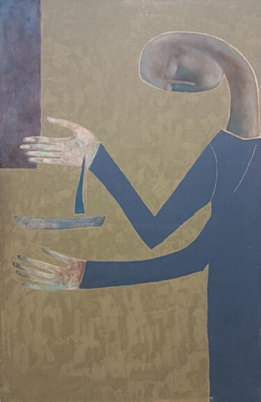 Schilderij getiteld "He" door Tatiana Harizanova, Origineel Kunstwerk, Olie Gemonteerd op Frame voor houten brancard