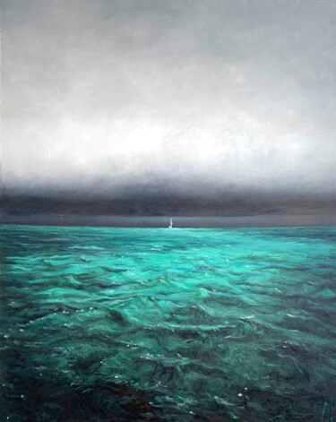 Painting titled "Sapphire Silence" by Tatiana Hutsul, Original Artwork, Oil Mounted on Wood Stretcher frame