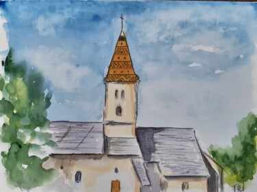 Painting titled "Eglise de Fixey" by Tatiana Ianciu, Original Artwork, Watercolor