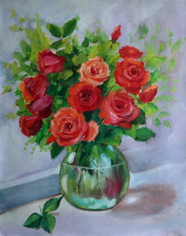 Картина под названием "Red roses" - Tatiana Karchevskaya, Подлинное произведение искусства, Масло