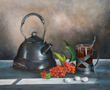 Schilderij getiteld "Tea-still life" door Tatiana Karchevskaya, Origineel Kunstwerk, Olie Gemonteerd op Frame voor houten br…