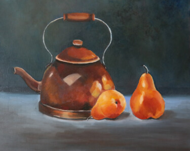 Painting titled "Kettle with two pea…" by Tatiana Karchevskaya, Original Artwork, Oil Mounted on Wood Stretcher frame