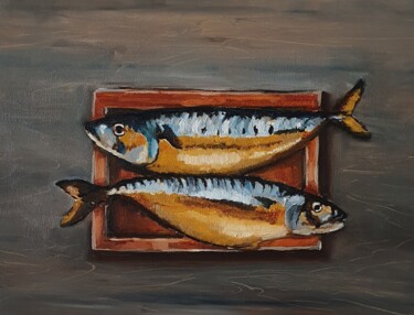 Painting titled "Still life with fis…" by Tatiana Karchevskaya, Original Artwork, Oil Mounted on Wood Stretcher frame