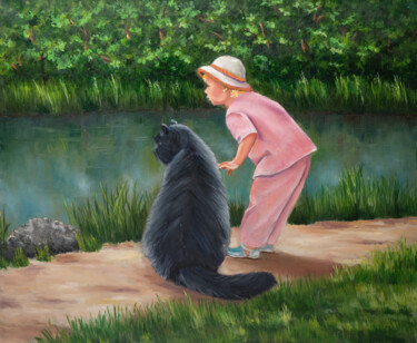 Painting titled "A girl with a cat" by Tatiana Karchevskaya, Original Artwork, Oil Mounted on Wood Stretcher frame