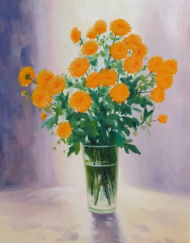 Malarstwo zatytułowany „Yellow chrysanthemu…” autorstwa Tatiana Karchevskaya, Oryginalna praca, Olej