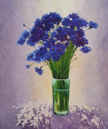 Painting titled "Cornflowers (3)" by Tatiana Karchevskaya, Original Artwork, Oil Mounted on Wood Stretcher frame