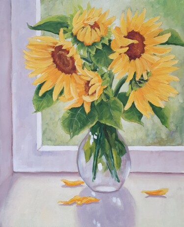 Painting titled "Sunflowers on the w…" by Tatiana Karchevskaya, Original Artwork, Oil