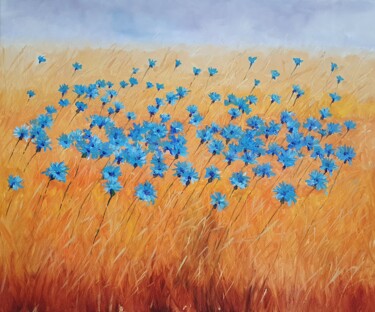 Painting titled "Cornflower field (2)" by Tatiana Karchevskaya, Original Artwork, Oil