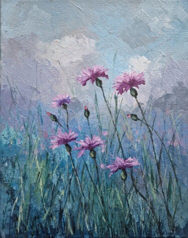 Painting titled "Cornflowers (10)" by Tatiana Karchevskaya, Original Artwork, Oil Mounted on Wood Stretcher frame