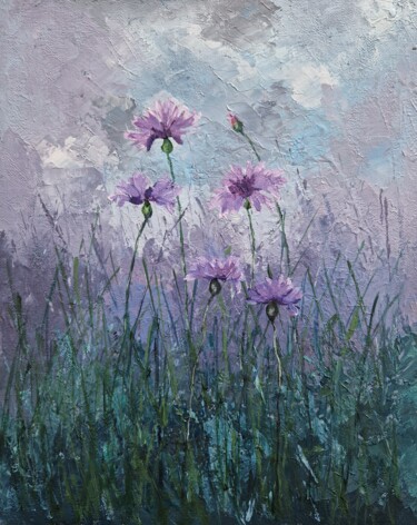 Painting titled "Cornflowers (12)" by Tatiana Karchevskaya, Original Artwork, Oil Mounted on Wood Stretcher frame