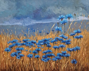 Painting titled "Cornflower field (3)" by Tatiana Karchevskaya, Original Artwork, Oil Mounted on Wood Stretcher frame