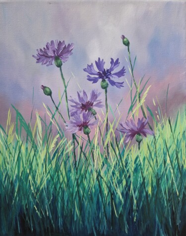 Painting titled "Cornflowers (14)" by Tatiana Karchevskaya, Original Artwork, Oil Mounted on Wood Stretcher frame