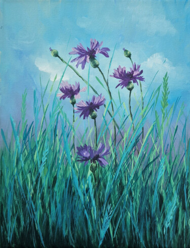 Painting titled "Cornflowers (15)" by Tatiana Karchevskaya, Original Artwork, Oil Mounted on Wood Stretcher frame