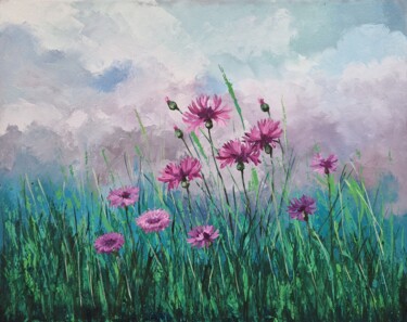 Painting titled "Cornflower field (5)" by Tatiana Karchevskaya, Original Artwork, Oil